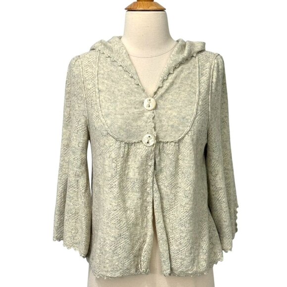Moth Anthropologie Hooded Cardigan Sweater Gray Cream Heather 3/4 Sleeve Size M - Picture 1 of 8
